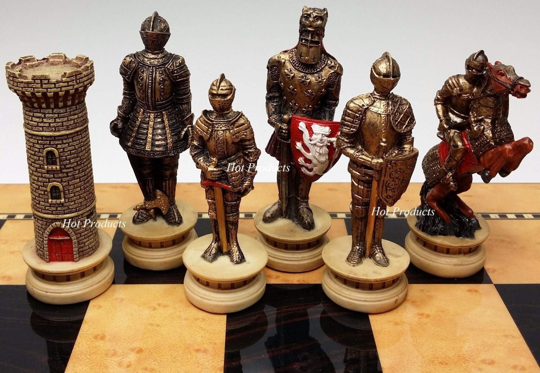 Medieval Times Crusades Warrior Knight Chess Set 15" Walnut  Maple Color Board