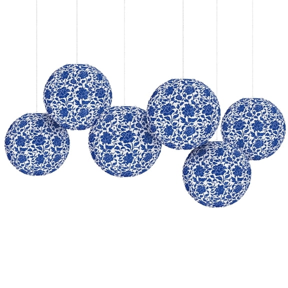 Set of 6 Chinese Blue and White Porcelain Print Lanterns Hanging Ornament for Home Handmade Garden Decoration