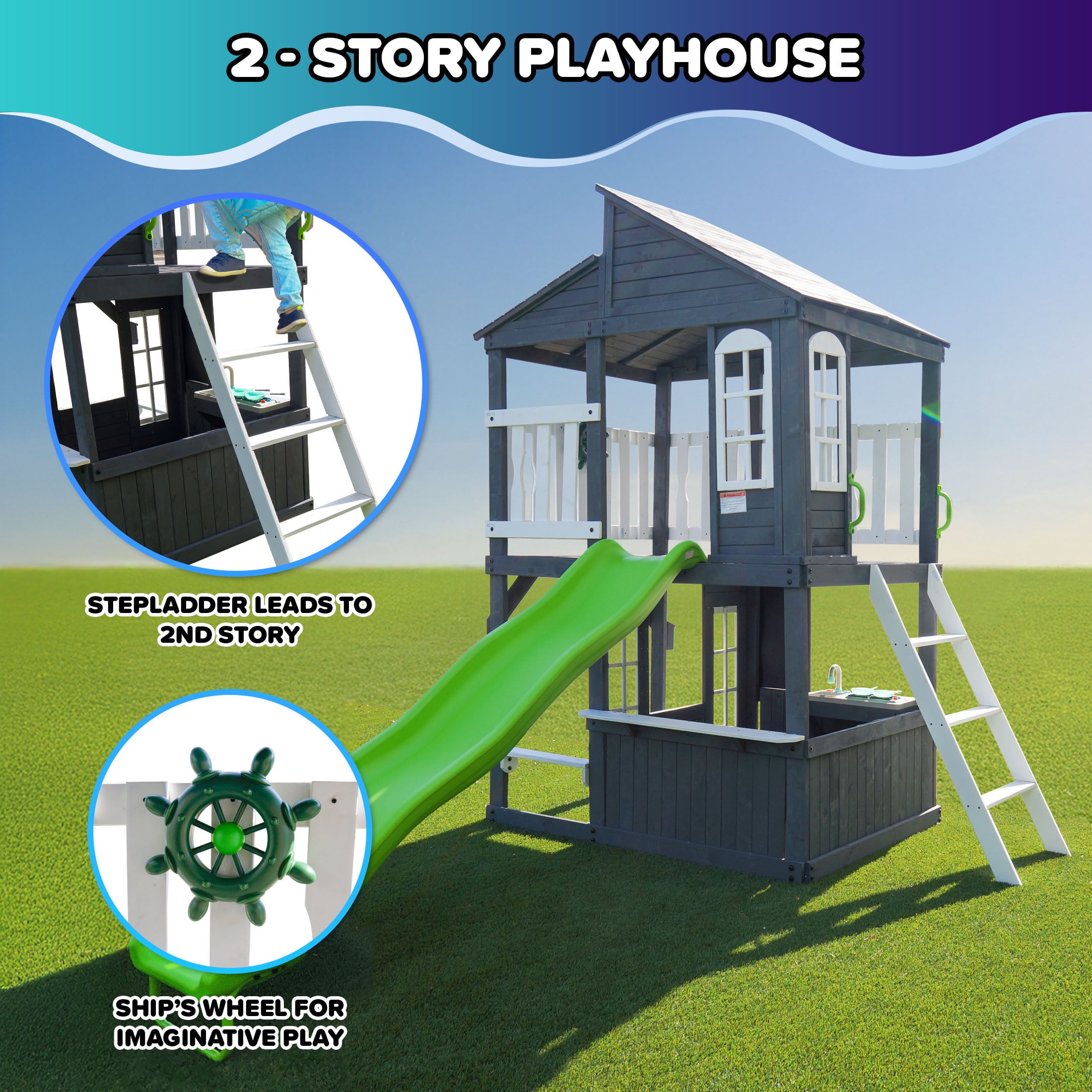 Sportspower Blakely 2-Story Playhouse with 8FT Slide, Working Door, Benches for Rest & Pretend Play Features, for Kids Ages 3-10, Wooden Elevated Playhouse