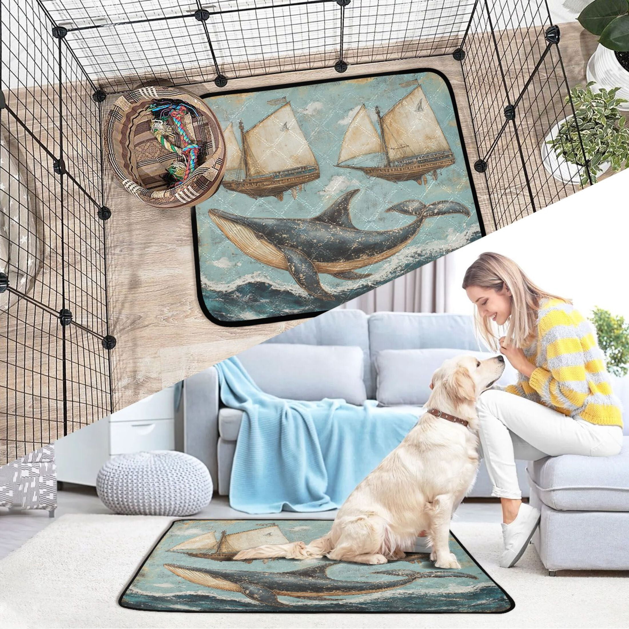 Qxltty Whales Swim with Sailboats Cat litter Pads Pet Set of 3 Diaper Mats Center Anti-leakage Layer Absorbent Soft and Comfortable
