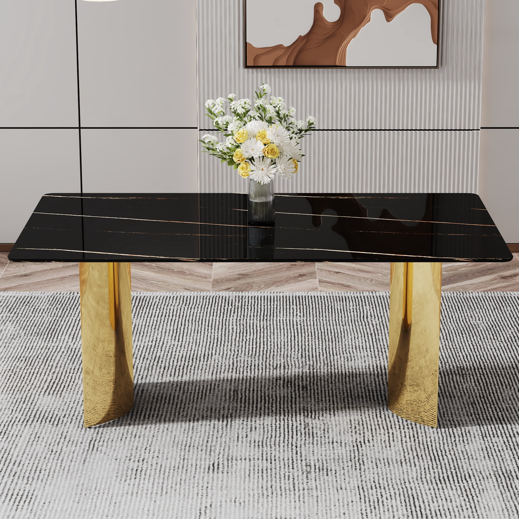 TesNus 71" Modern Dining Table for 6-8, Black Marble-Style Glass Tabletop with Gold Chrome-Plated Stainless Steel Base for Kitchen and Dining Room