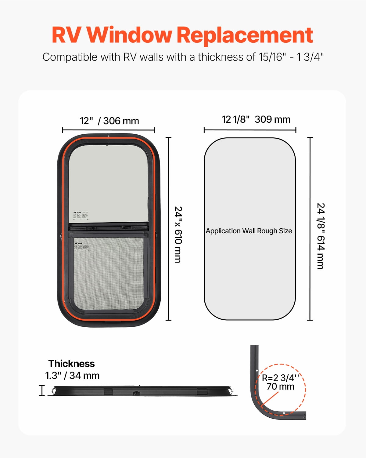 VEVOR Vertical RV Window, 12" W x 24" H Tinted Sliding RV Window with Net Screen & Trim Ring, Fit 15/16" - 1 3/4" Thickness Wall,RV Window Replacement for Teardrop Cargo Trailer Camper,DOT Approved