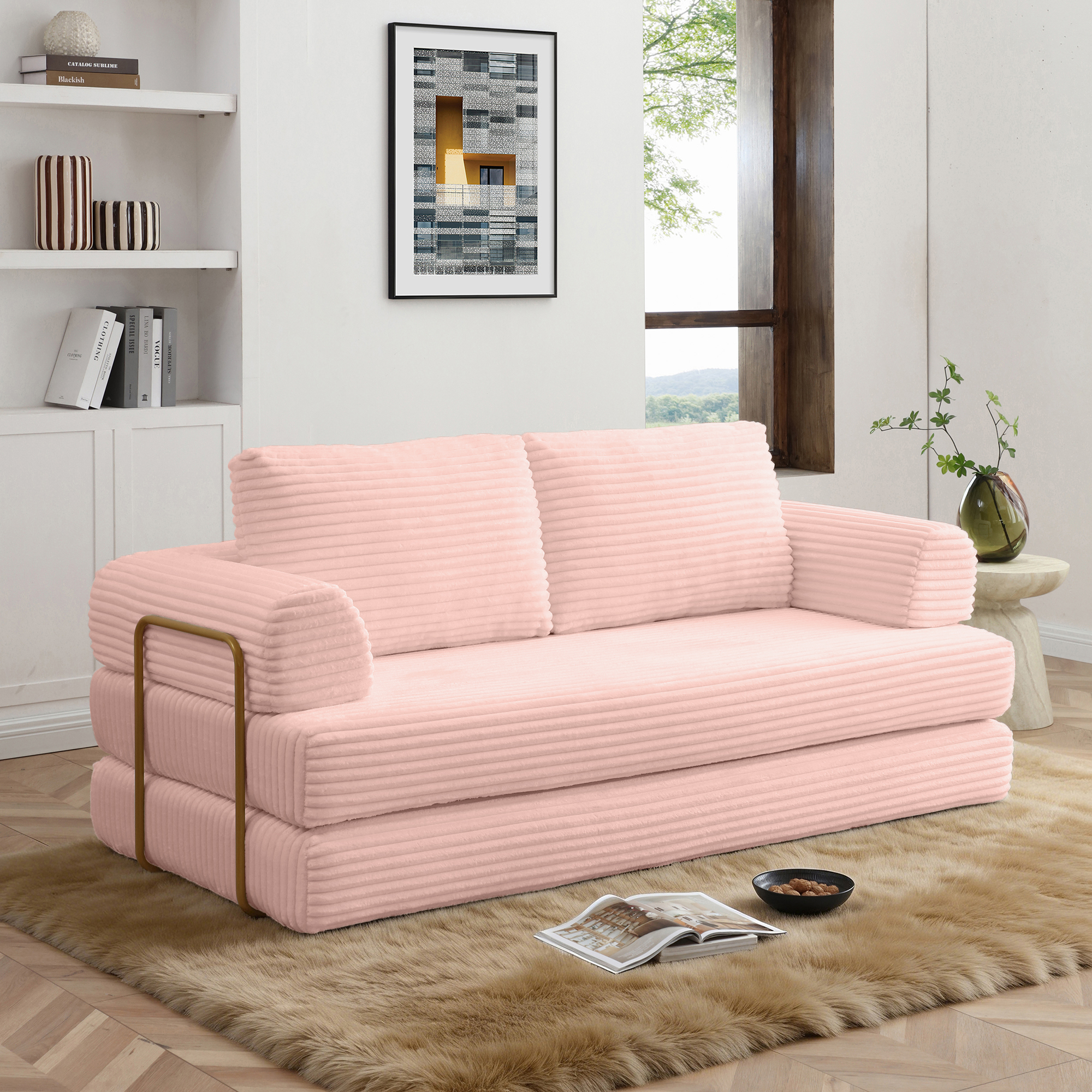 79.5" Convertible Sofa Bed,Folding Sleeper Sofa Couch Bed with Fixed-Shape Frame,Corduroy Fold Out Sleeper Loveseat for Living Room,Bedroom,Apartment,Pink