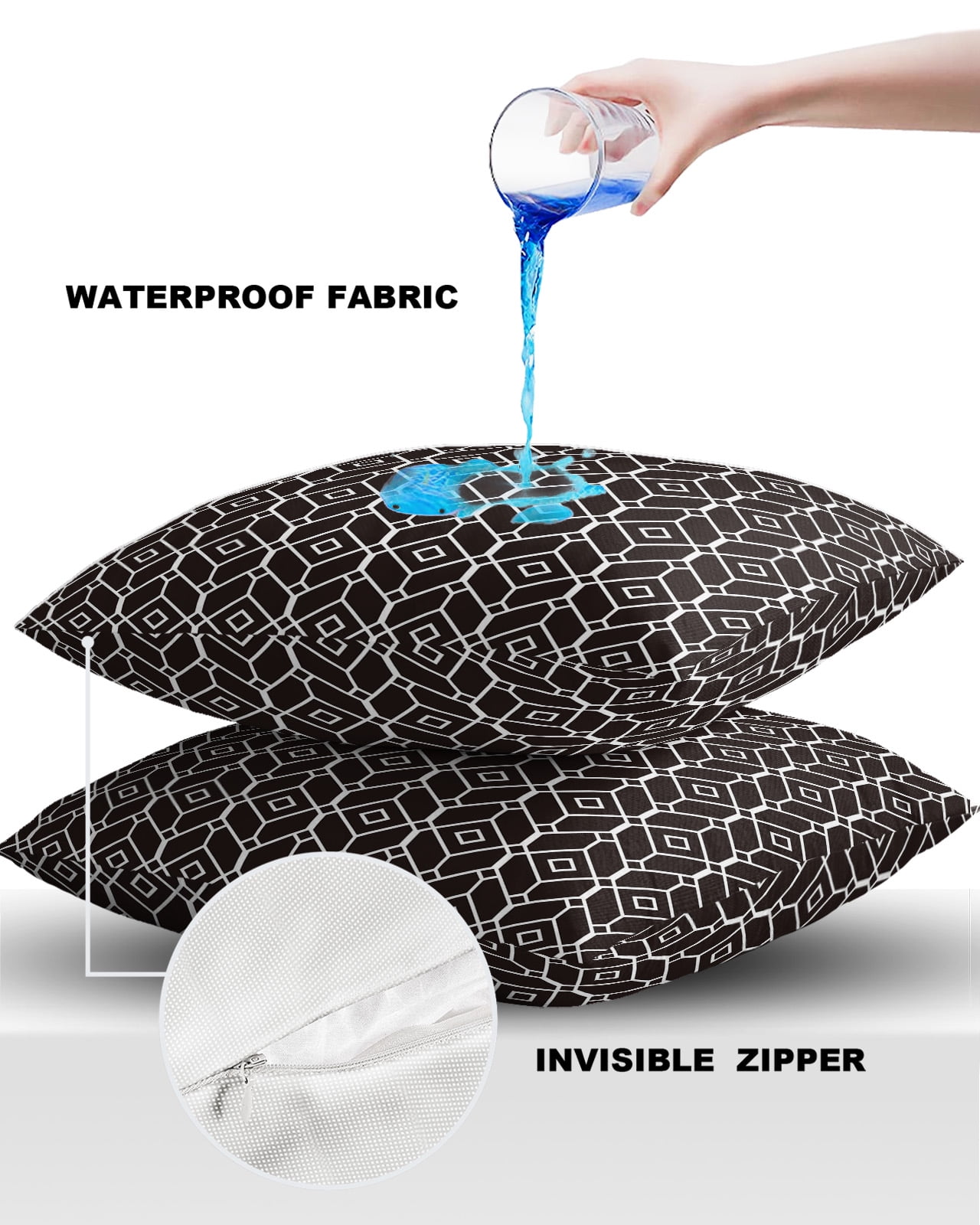 Pack of 2 Outdoor Pillow Covers, Black Modern Geometic Texture Waterproof Square Throw Pillowcase Cushion Decorative Pillow Covers for Couch Patio Tent, 16x16 in