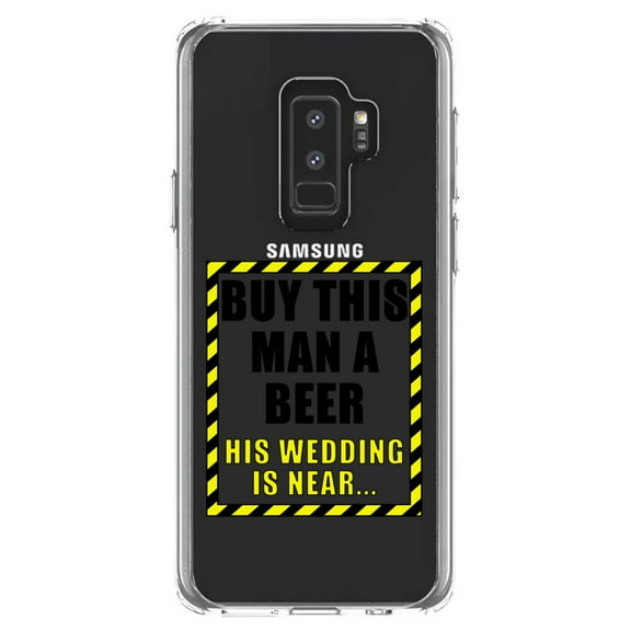 DistinctInk Clear Shockproof Hybrid Case for Samsung Galaxy S9  PLUS (6.2" Screen) - TPU Bumper Acrylic Back Tempered Glass Screen Protector - Buy This Man a Beer His Wedding is Near
