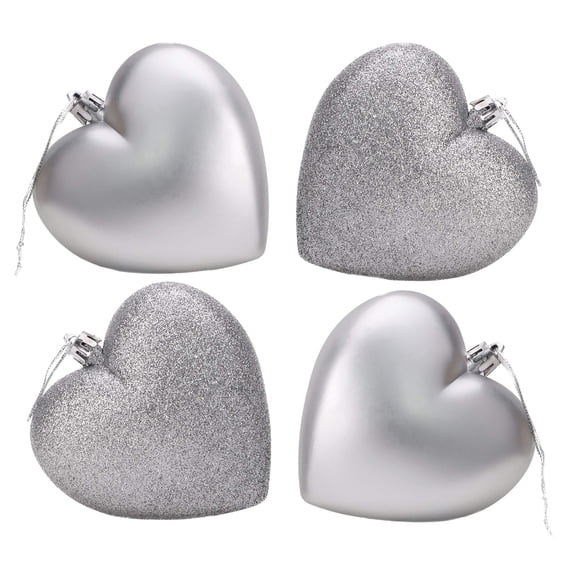 4-100mm Heart Shaped Baubles - Matte & Glitter Design - Christmas Ornaments (Silver)