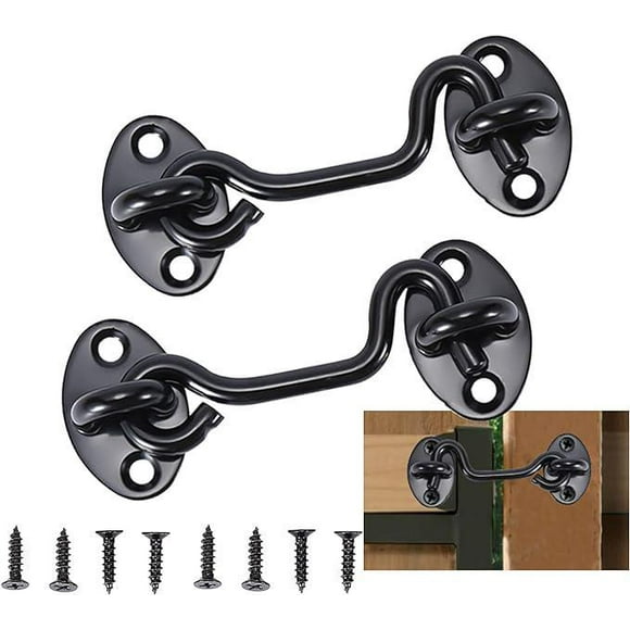 2 Pack Black Stainless Steel Door Latch Hooks with Mounting Screws for Window, Barn Door, Shed Door, Garage Door (7.5cm)