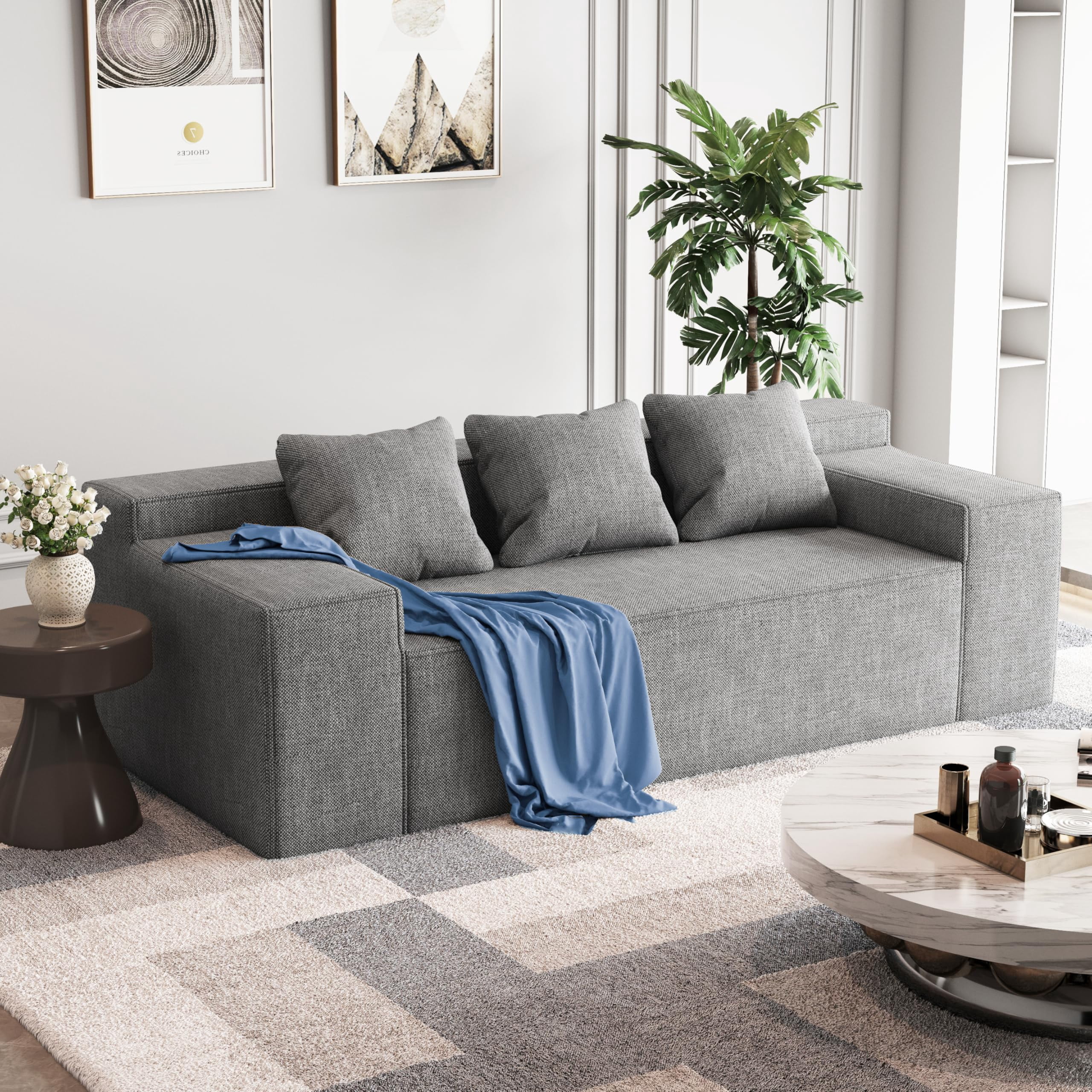 Modern 3-Seater Sofa, Hybrid Sofa in a Box, No Assembly Required, Comfy Sofa Couch with 3 Matching Pillows, Couch for Living Room or Bedroom, Grey