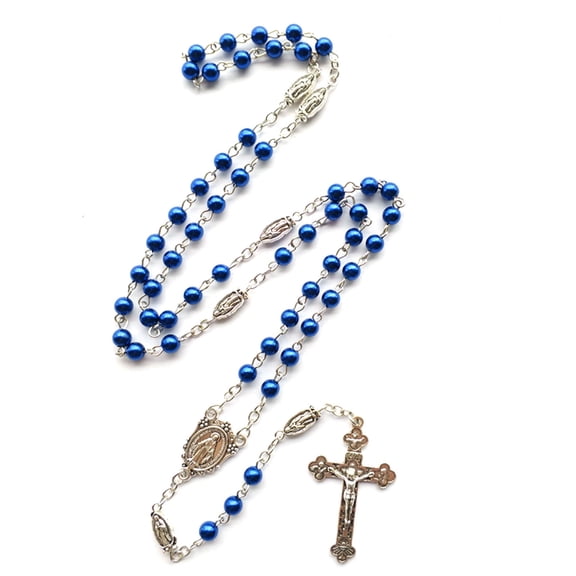 Glass Beads Blue Rosary Catholic Necklace Prayer for Holy Religious Jewelry Gifts for Women Men