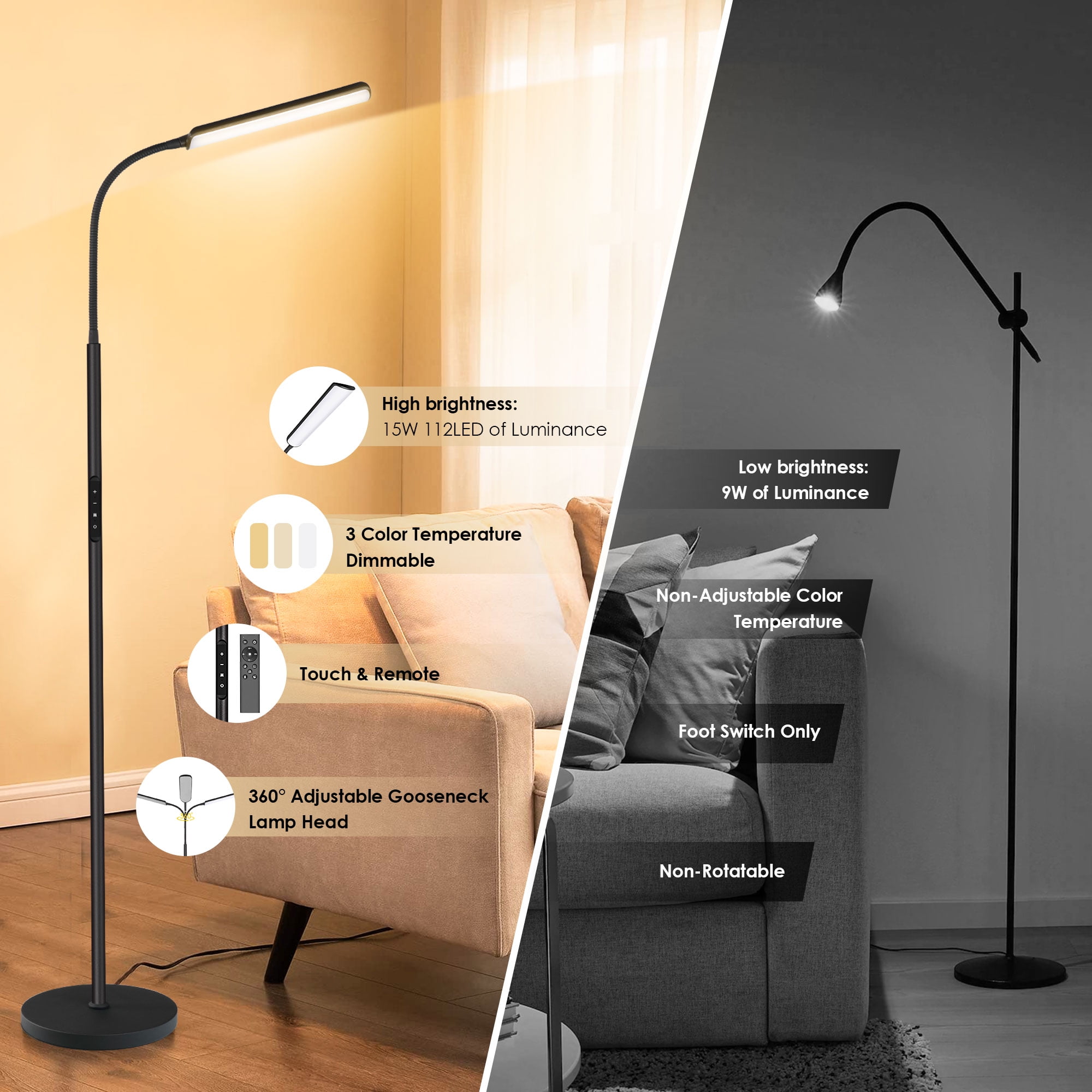 Kapwan LED Floor Lamps for Living Room,3 Color Dimmable Floor Lamp with Remote & Touch Control, Standing Lamp with 1H Timer for Bedroom Office Piano (Black Modern)