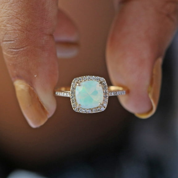 Cushion Opal & Cubic Zirconia Halo Ring, 925 Sterling Silver Half Eternity Ring. Handmade Fine Jewelry. Gift For Her.