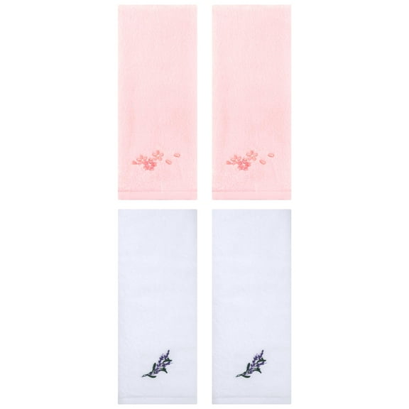 Unique Bargains 4 Pcs Floral Embroidered Cotton Hand Towels 13" x 29" White/Pink