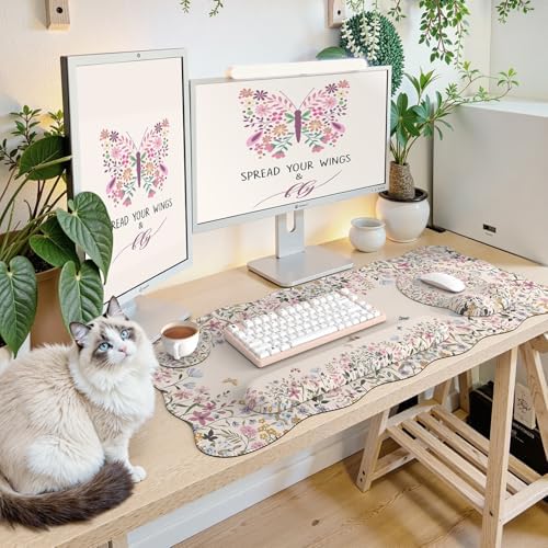 Tekola Desk Mat Set,Large Mouse Pad with Wrist Rest,Ergonomic Keyboard Wrist Support for Women,Girly Floral Computer Mat with Scalloped Edges,Non-Slip Desk Pad Home Office Gaming (Beige)