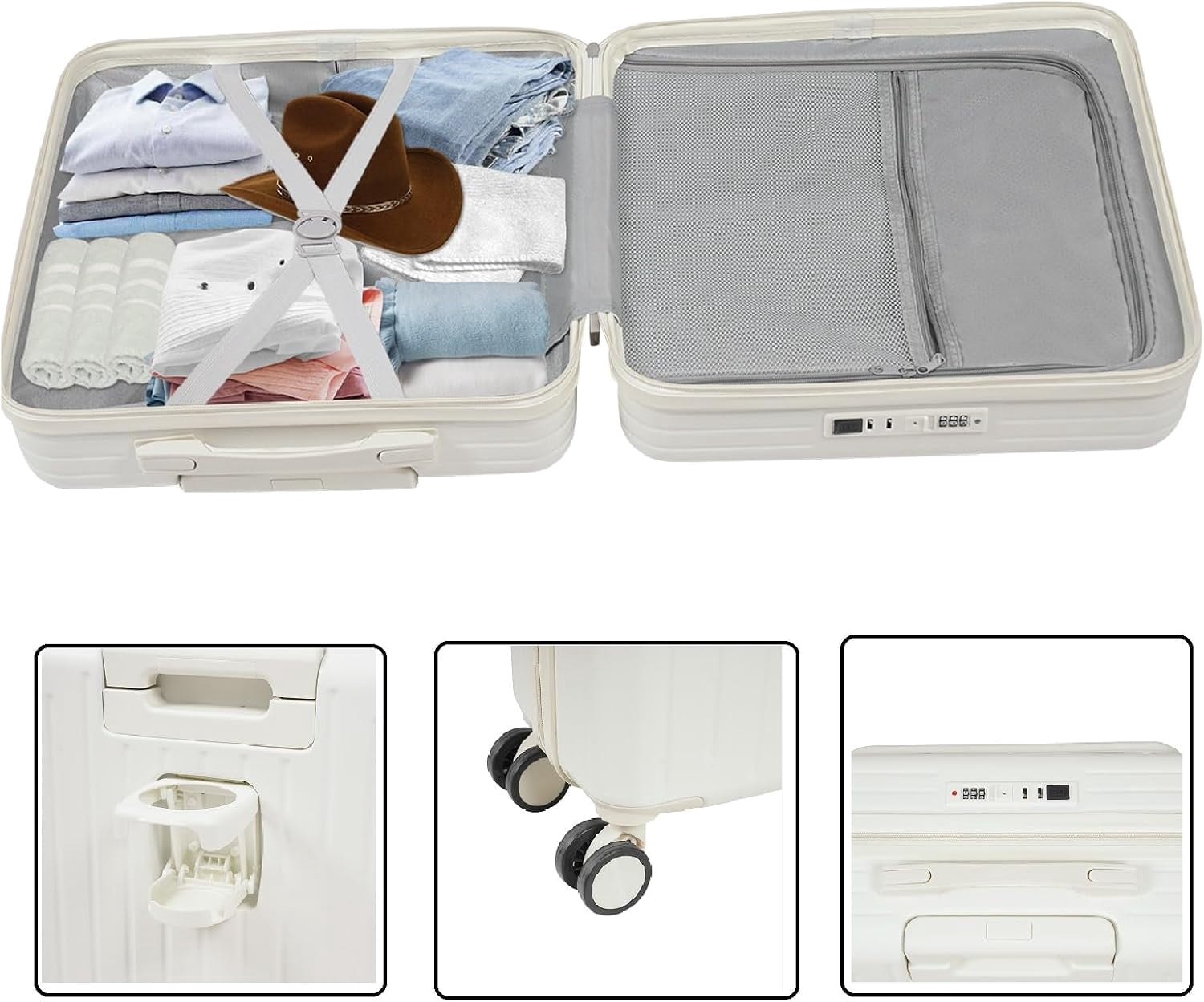 18 Inch Underseat Carry On Luggage with Wheels,Small Hard Shell Suitcase for Weekender,180° Top Opening Lightweight Travel Suitcase (White)