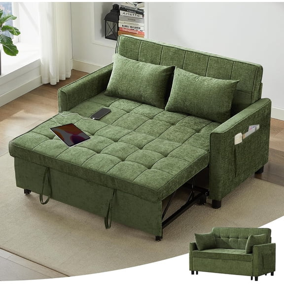 UNBRAND 57" Convertible Sofa Bed, Chenille Futon Sleeper Sofa Couch with Pullout Bed, USB & Adjustable Backrest, Queen Size Pull Out Loveseat Couches for Living Room, Apartment, Office, Dorm, Green
