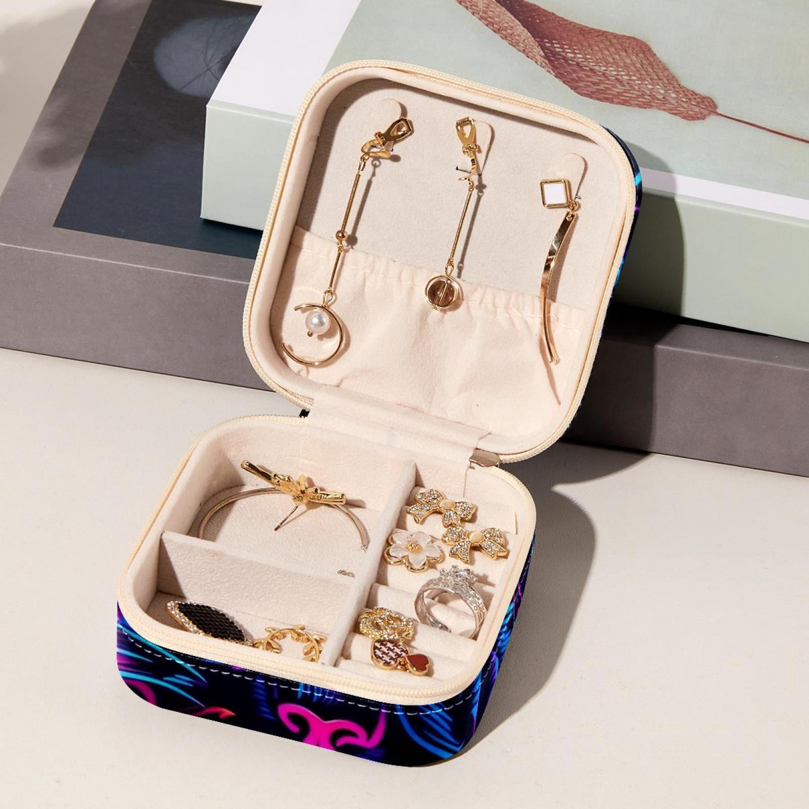 PhooArto Small Jewellery Box, Neon Cat Butterflies Pattern Portable Travel Mini Jewelry Case for Women Leather Ring Organizer