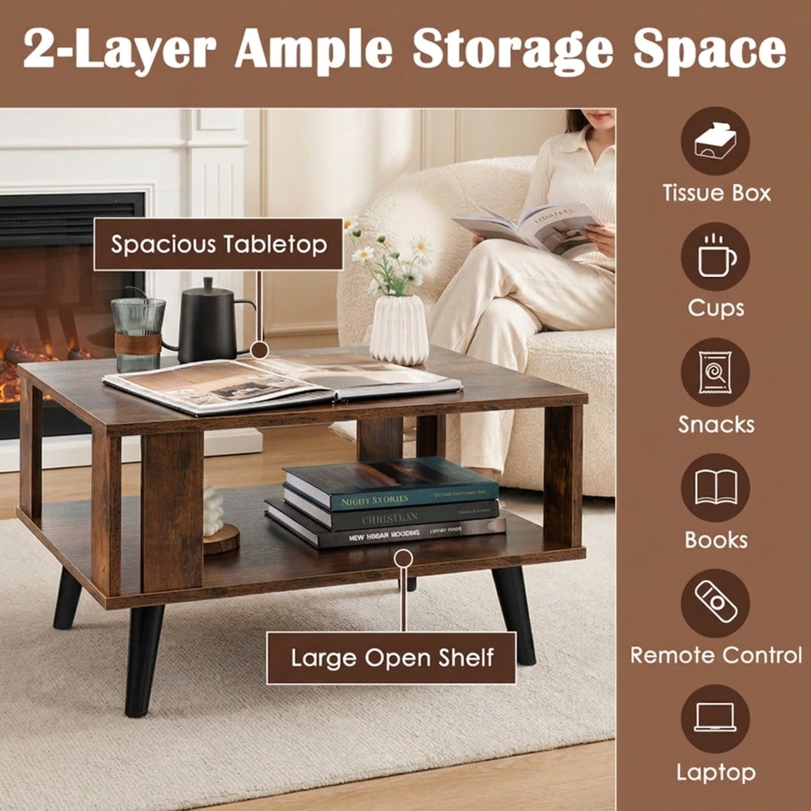 Furnibear Compact Retro Mid-Century Coffee Table with Storage Open Shelf - Rustic Brown - Living Room Cocktail Center Table