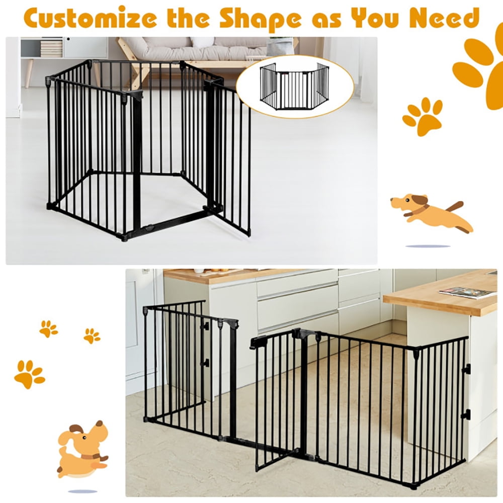 Kadyn Freestanding Pet Gate,Dog Fence Gates for Doorways, 115 Inch Length 5 Panel Adjustable Wide Fireplace Fence-Black
