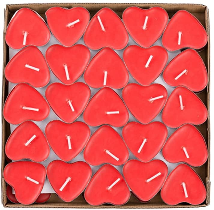 50 Pack Red Heart Shaped Unscented Tea Lights Candles Smokeless Candles