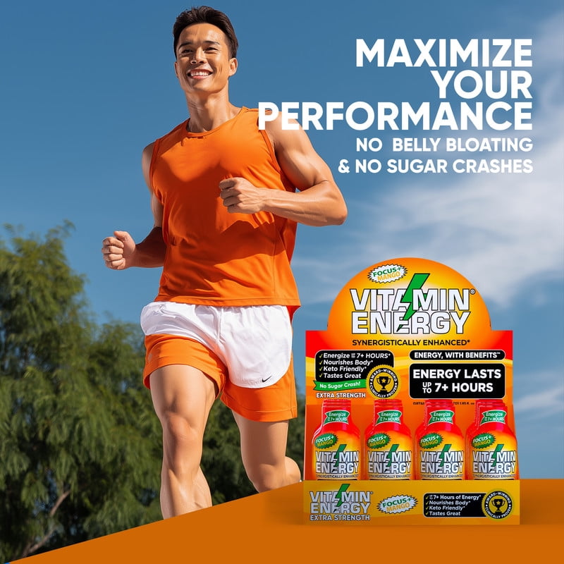 Vitamin Energy Focus+ Extra Strength Shot, Mango, 24 Pack – 260mg Natural Caffeine, CoQ10 & B-Vitamins, Zero Sugar, 1.93 fl oz