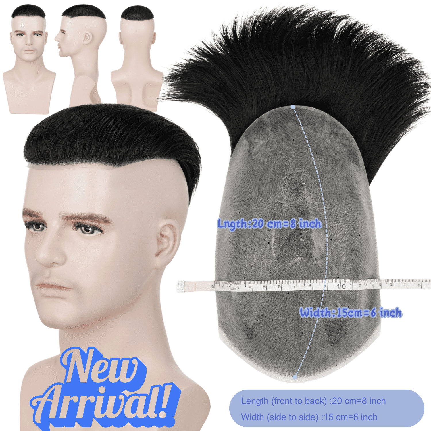 Benehair Poly Skin Thin PU Base Toupee Wig Slicked Base Hairpiece Replacement Systems For Man 100% Remy Real Human Hair Topper Hair Piece 6"*8" Top Piece Natural Black 120% Density with Tape