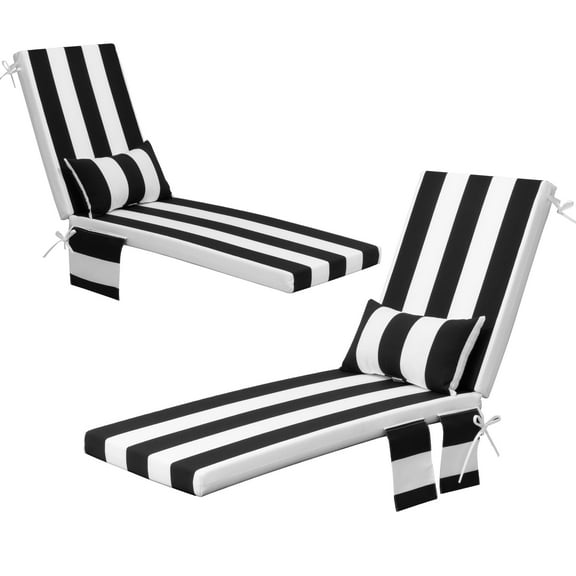 Pellebant Outdoor Chaise Lounge Cushion with Pillow and Side Pocket Waterproof Lounge Chair Cushion 80" x 22"(2-Pack, Black & White Stripes)