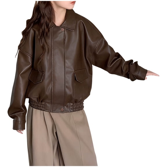 Agkizg Girls Faux Leather Jacket Classic Lapel Zip Up with Pockets Solid Color Motorcycle Coat