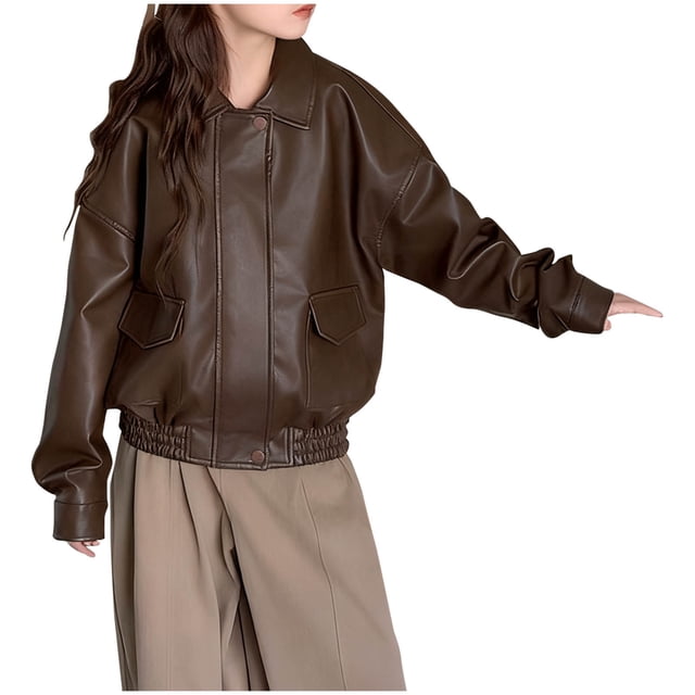 Lovzfmll Kid's Classic Solid Color Leather-Look Jacket, Button & Zipper Front with Pockets for Little Girls 11-12 Years