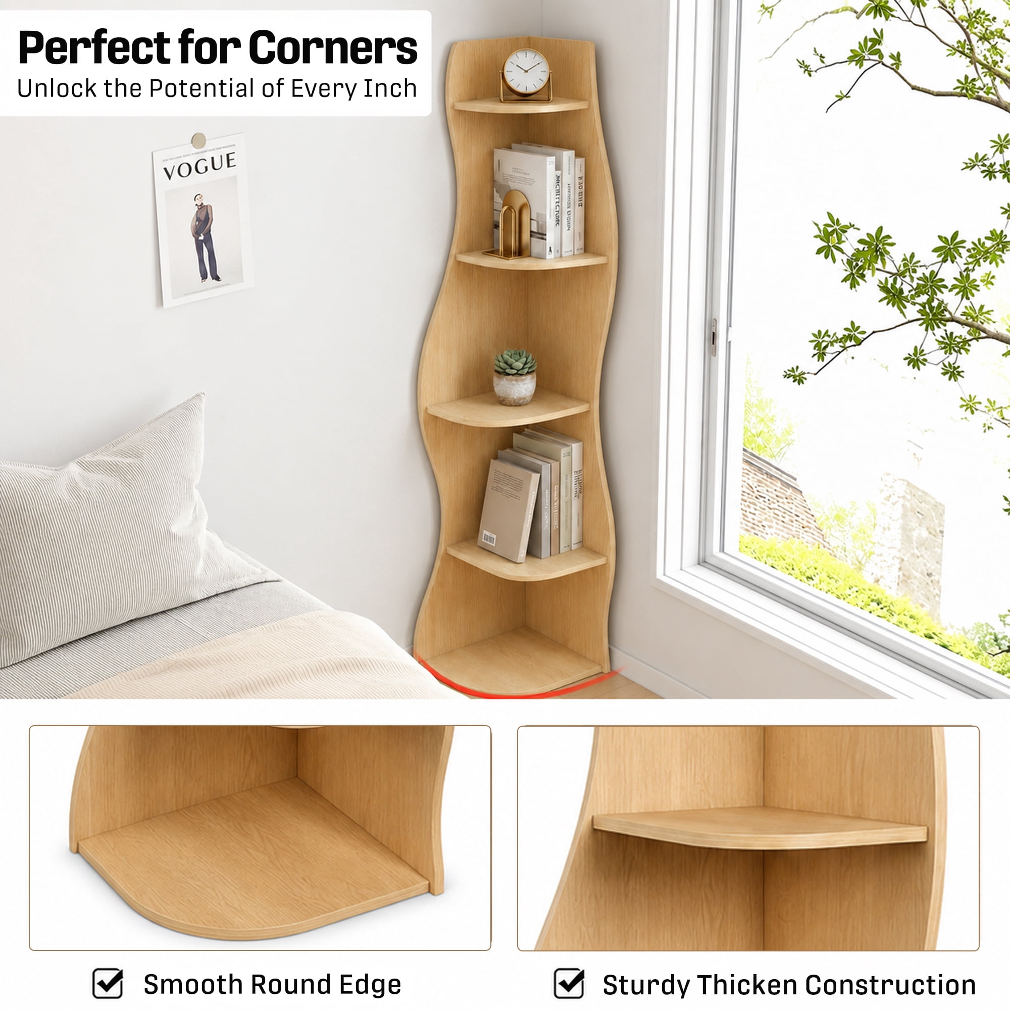 5-Tier Corner Shelf S-Shaped with Curved Modern Design, Freestanding Display Rack and Bookshelf Plant Stand for Living Room Bedroom Bathroom, Natural Wood