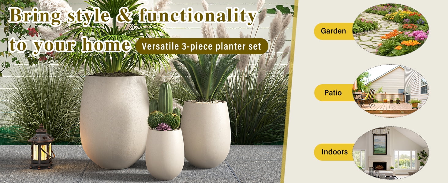 Mintazer Modern Planter Set of 3, 15.6"/10.74"/7.3" Round Stackable Flower Pots with Drainage Holes, Decorative Plant Pots for Indoor & Outdoor, Light Beige