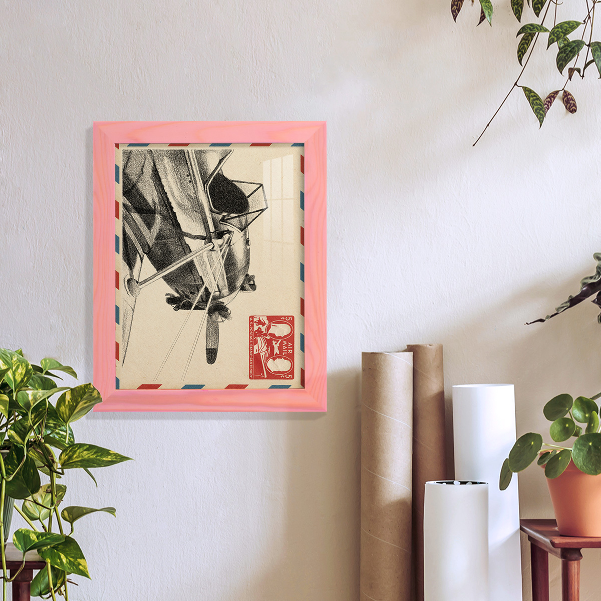 Vintage Airmail I -Framed Print w/glass-Sunset Pink