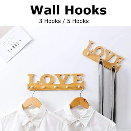 Love Hook Modern Wall Mounted Coat and Hat Rack – 3 / 5 Hooks, Beautiful Wood Entryway Hanger with Pegs - Wooden Bedroom and Bathroom Robe Racks - Durable, Easy Use, LOVE Design ()