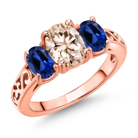 Gem Stone King 18K Rose Gold Plated Silver Peach Morganite and Blue Created Sapphire Filigree Style 3 Stone Ring for Women (2.20 Cttw, Oval 8X6MM and 6X4MM) (Size 8)