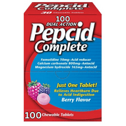 Pepcid Complete Dual-Action Antacid, Chewable Tablets, Berry Flavor MEGA 100 Individually Sealed Packets