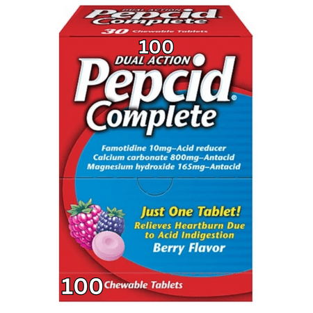 Pepcid Complete Dual-Action Antacid, Chewable Tablets, Berry Flavor MEGA 100 Individually Sealed Packets