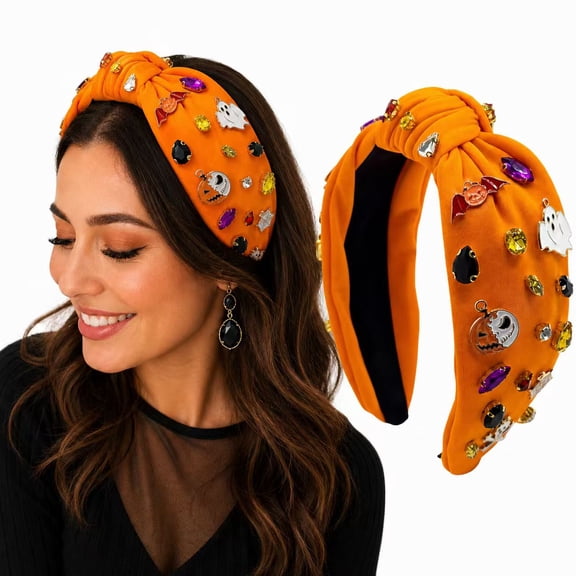 Orange Halloween Knot Headband for Women, Padded Hair Accessory with Sparkly Rhinestone Charms for Costume Party and Halloween Outfit