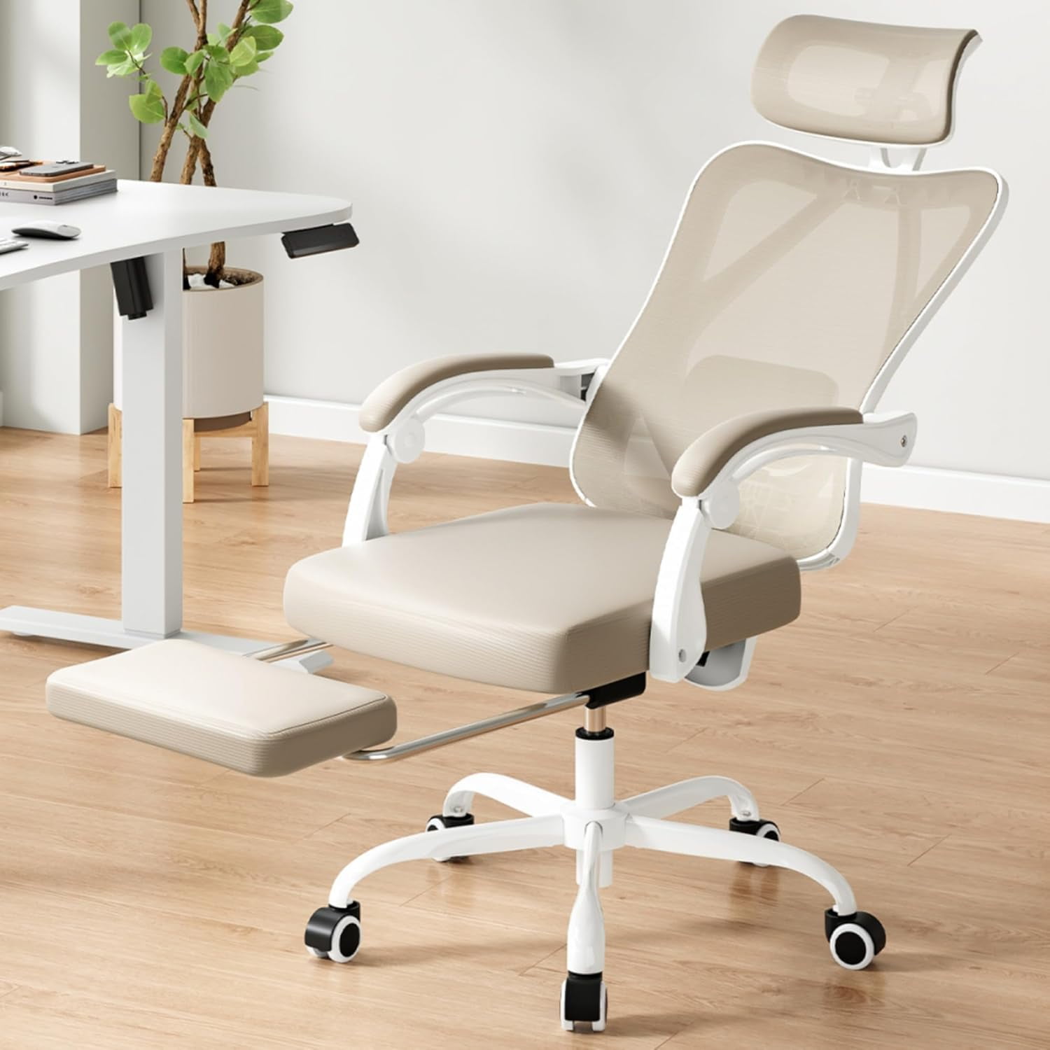 BISHE Ergonomic Office Chair with Footrest & Adjustable Headrest, Reclining Computer Chair with Customizable Lumbar Support, Breathable Mesh Back & Seat, 360° Swivel Wheels, Khaki