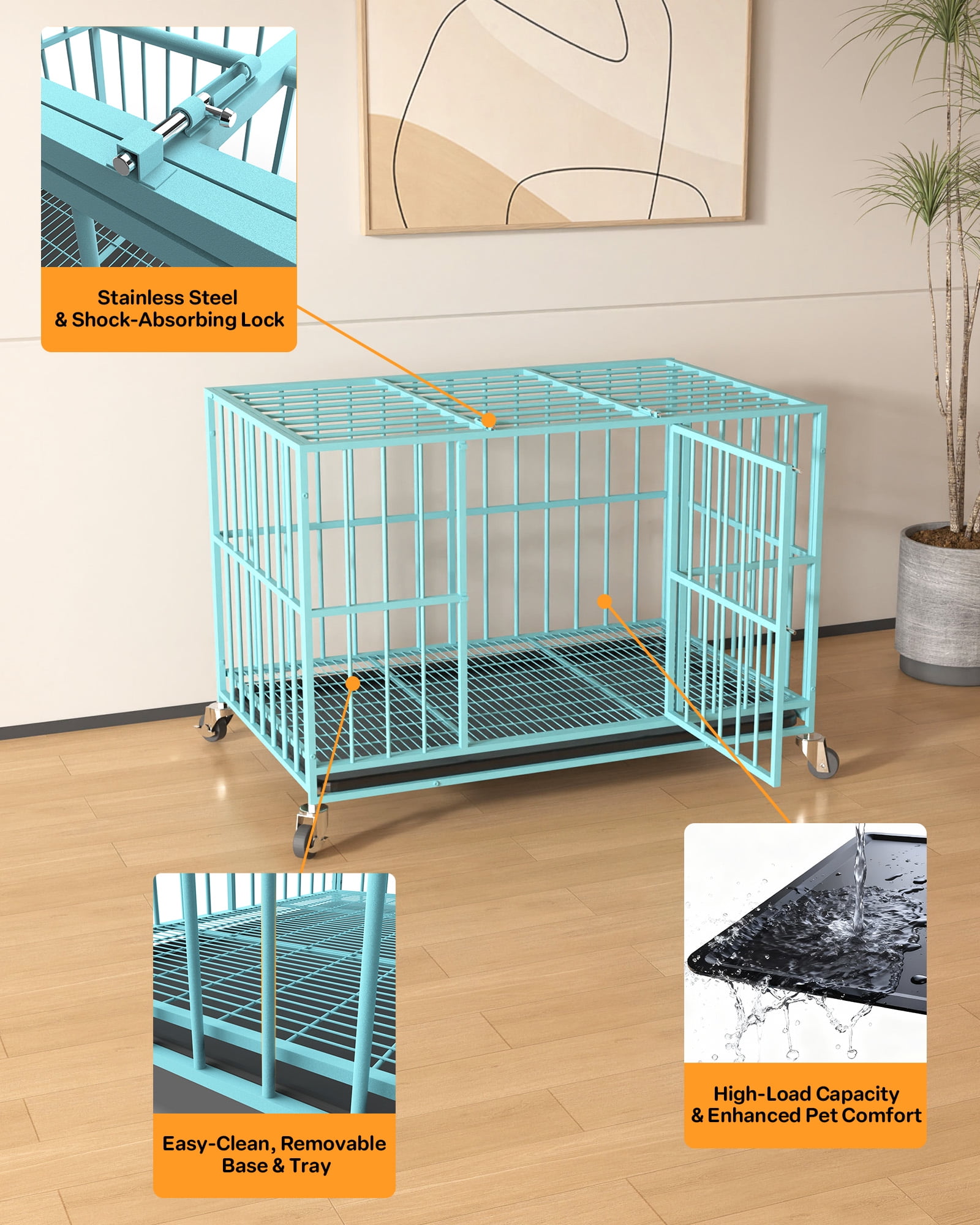 TIME RAY 48 Inch Heavy Duty Indestructible High Anxiety Dog Crate Cage for Large Dog with Steel Escape Proof, Double Doors,Lockable Wheels and Removable Tray,Blue