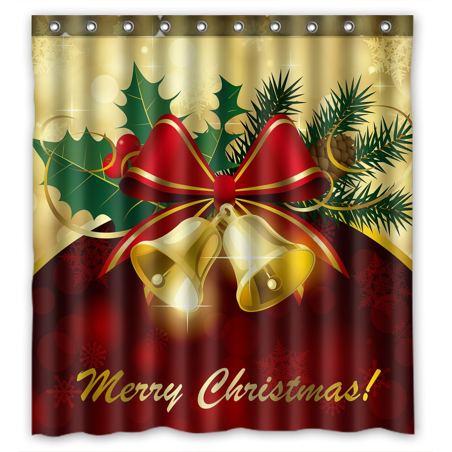 YKCG Christmas Bells Bow Red and Gold Shower Curtain Waterproof Fabric