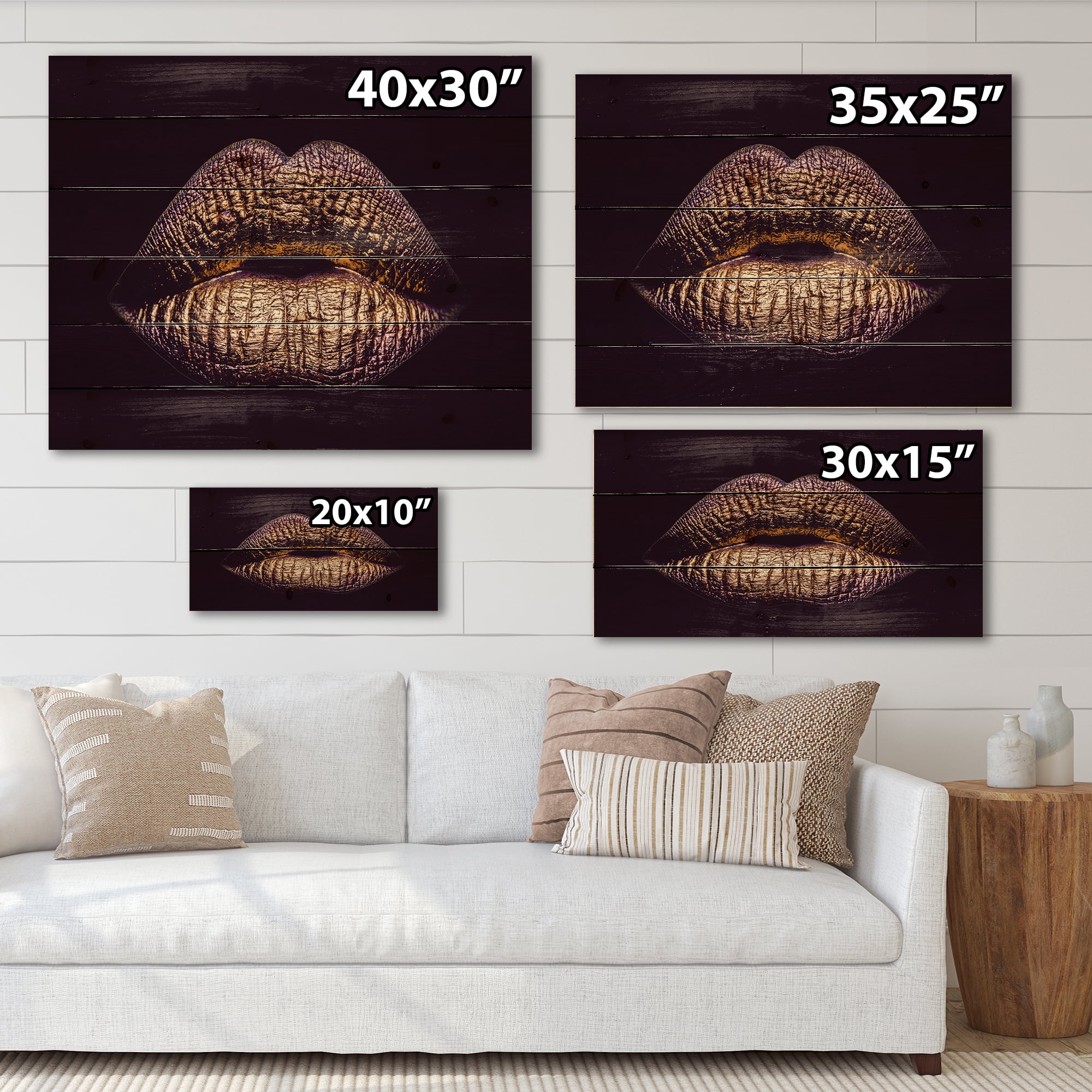 Designart 'Sexy Golden Metallized Woman Lips III' Modern Print on Natural Pine Wood