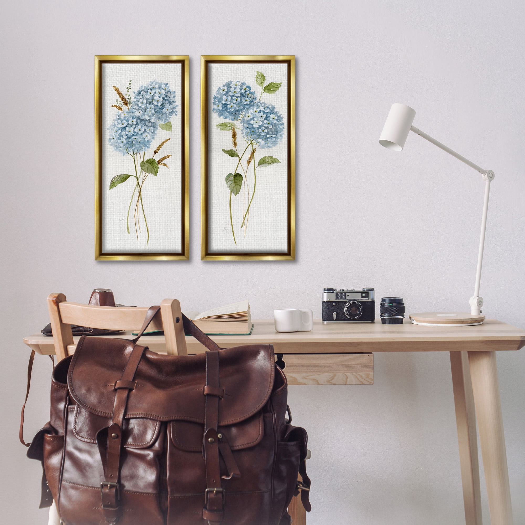 Stupell Industries Blue Hydrangea Long Stems Botanical & Floral Painting Gold Floater Framed Canvas Art Print Wall Art, 11 x 25, Set of 2