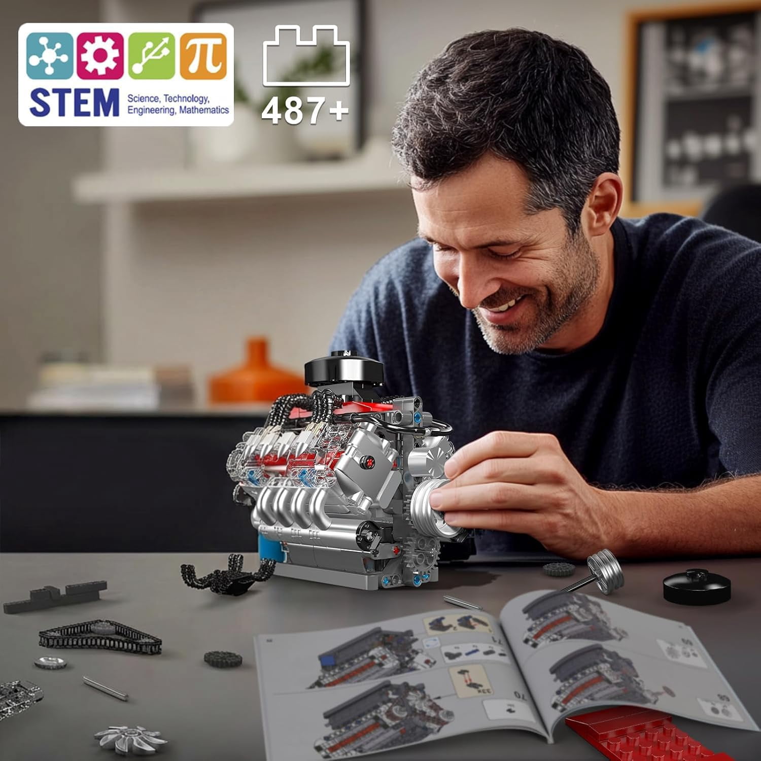 Mould King 10171 V8 Engine Building Blocks Sets, V8 Engine Model kit That Run, Build Your Own STEM Model Engine, 8-Cylinder Car Engine Building Engineering Toys  Collections(487+PCS)