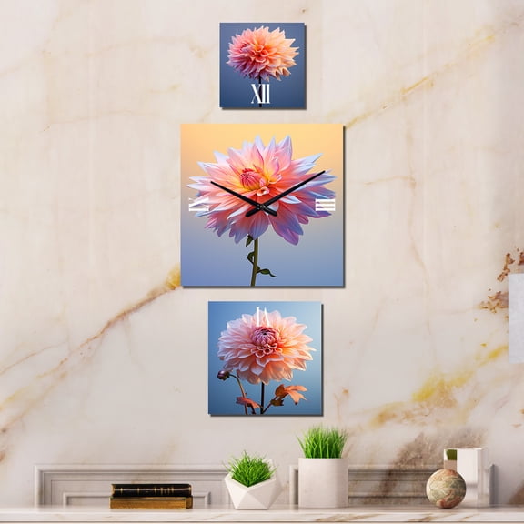 Designart "Dancing in Coral and Blue Dahlias" Dahlia Oversized Wall Clock - Set Of 3 - Extra large Clock For Office Décor - Large Traditional Wall Clock