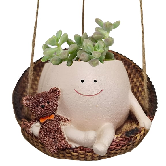 Hanging Swing Face Planter, Creative Smile Resin Succulent Pot with Ropes & Hook, Decorative Indoor Outdoor Swinging Flower Pot for Balcony Garden Patio, Cute Head Plant Holder