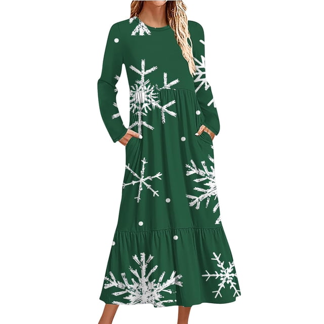 Pisexur Robes de Noël pour Femmes Mode Imprimé Graphique de Noël Robes de Fête Décontractées Col Rond Manches Longues Robe Maxi Fluide à Étages Robes Longues d'Automne pour Femmes avec Poches