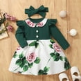 thumbnail image 2 of Ecqkame Baby Girl Birthday Dress Princess Rose Print Floral Long Sleeve Crew Neck Splicing Dress and Bowknot Headband Set B-Green 12 Months, 2 of 8