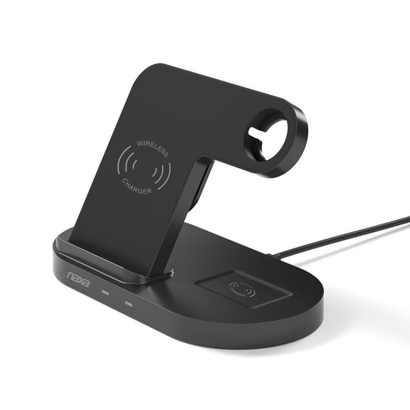 Naxa Electronics NAP-5003 3-in-1 Smart Wireless Charging System with Standing Qi 15W Wireless and Qi 3W Wireless Pad for Phones, Apple Watch, and AirPods, Black