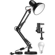 Voshy Metal Swing Arm Desk Lamp, 19" Interchangeable Base Or Clamp with 5W Light Bulb Table Lamp, Multi-Joint, Adjustable Arm,Black