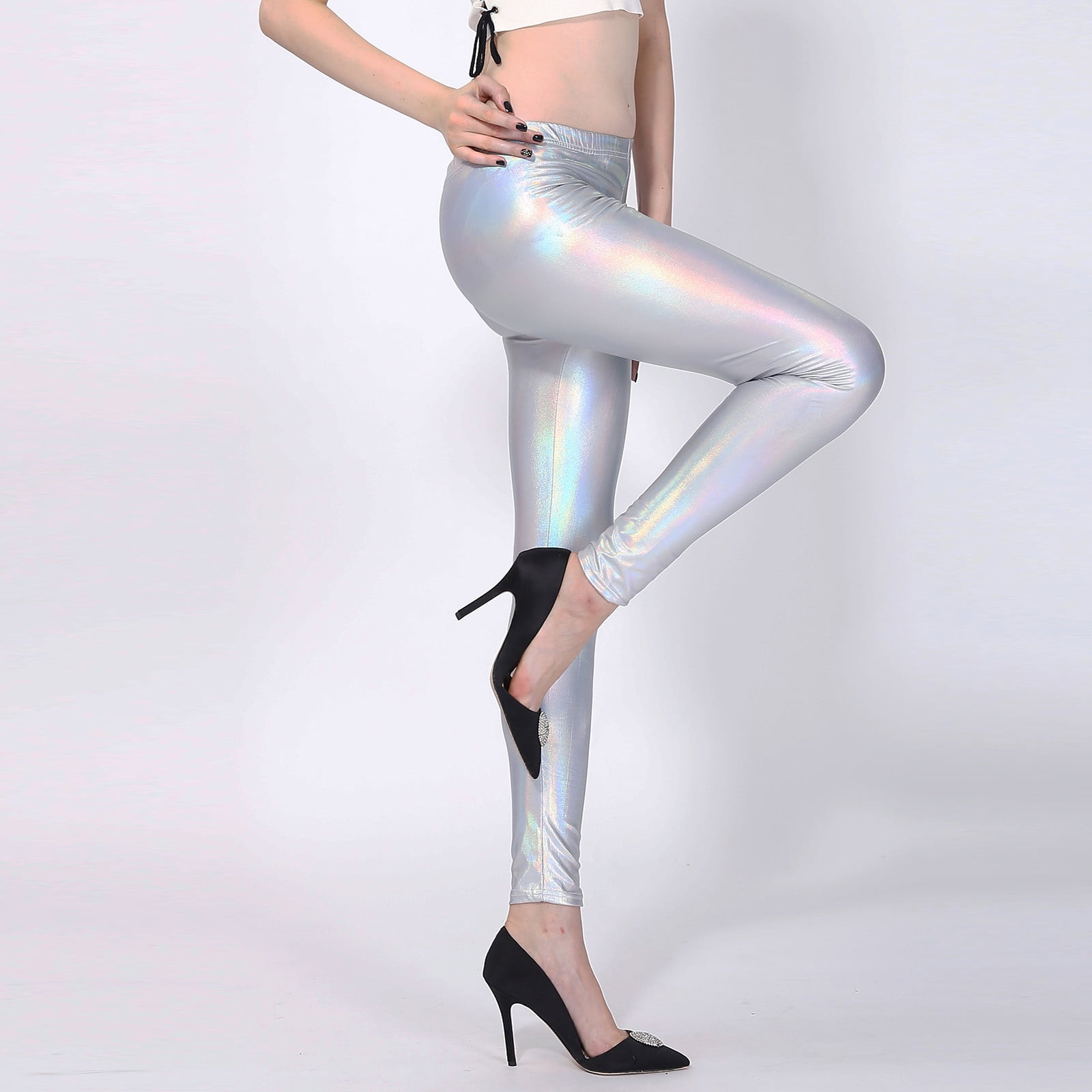 YYDGH Women's Shiny Metallic Leggings Sexy High Gloss Skinny Pants Faux  Leather Stretch Shaping Tights Trousers Blue L 