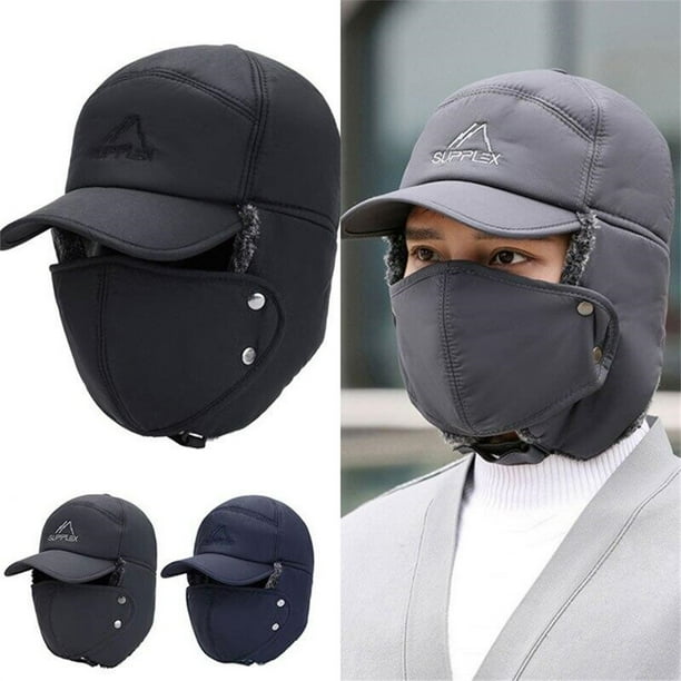 Gorro de motociclismo trampper antiviento - 3 en 1 con solapa térmica aislada, mascarilla extraíble, forro ajustable de cálido nylon, azul marino, gris, invierno para exteriores